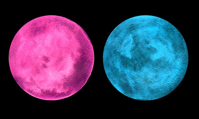 Set of two circles with watercolor fill. Pink, blue color, purple shades. Isolated on black background. Watercolor blur, visible paper texture. Darker and lighter areas are randomly placed in circles.