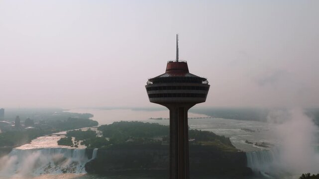 Aerial drone view of Skylon Tower and Niagara Falls skyline in Ontario, Canada