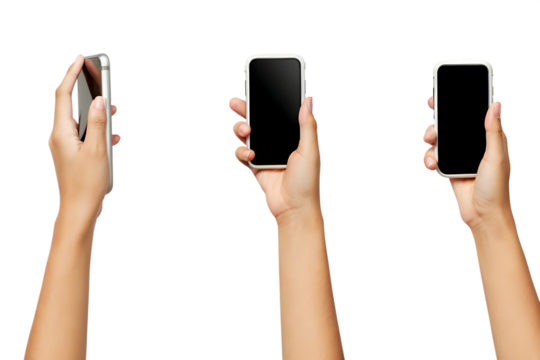 Three hands holding smartphones with screens isolated on a transparent background