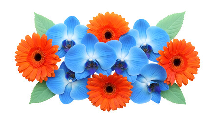 Vibrant arrangement of bright blue orchids and cheerful orange gerbera daisies with green leaves against a stark black background