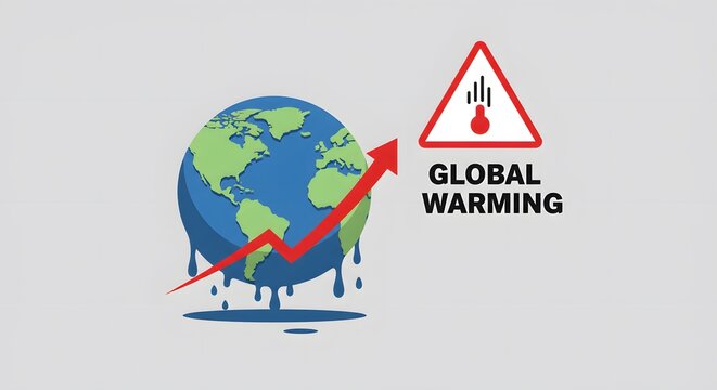 Global Warming Earth Illustration with Warning Sign and Rising Arrow - Powered by Adobe