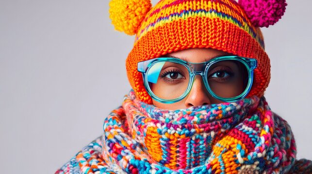 Woman in colorful ethnic winter scarf wearing round glasses cultural portrait