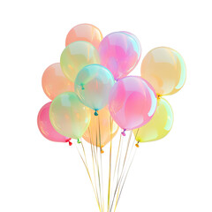 Pastel balloon cluster in pink blue yellow orange green tones with glossy translucent surface floating on transparent background