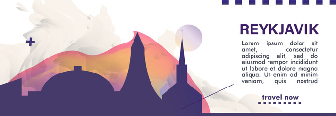 Reykjavik, Iceland city banner with skyline, cityscape, landmarks. Horizontal travel vector illustration layout for website, page, presentation, header, footer