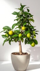 A small, vibrant lemon tree, laden with ripe citrus fruits, stands in a light gray pot against a bright white backdrop.