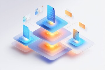 Layers of vibrant digital documents float above a sleek platform, illuminated by glowing lights. The arrangement reflects a modern, tech-inspired environment focused on information management.