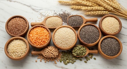 Variety of Grains and Seeds Displayed in Wooden Bowls on Marble Surface with Wheat Stalks