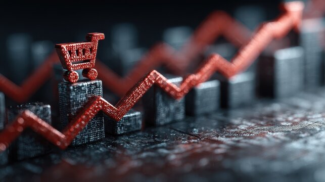 A shopping cart sits atop a bar graph showcasing rising sales figures. The graph features sharp red lines indicating growth trends in e-commerce. This represents the surge in online retail.