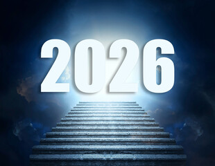 Illuminated stairs rise toward a glowing sky with the year 2026 boldly displayed, symbolizing...