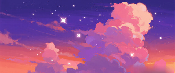 Vibrant, dreamy sky with cotton candy clouds & sparkling stars at twilight.