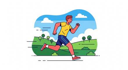 Illustration of a man running outdoors, representing fitness, health, and an active lifestyle in a natural landscape