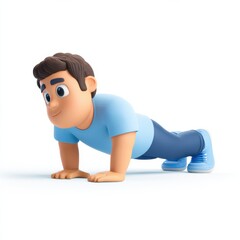 A cartoon character is working out, doing push-ups on a white surface. He is focused and determined, wearing a blue shirt and sneakers during his fitness routine.