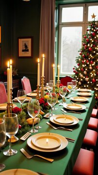 Elegant Holiday Dining Room with Candlelit Festive Table and Decorated Christmas Tree by the Window