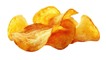 Close-up of golden-brown potato chips, overlapping and slightly curled, against a black background