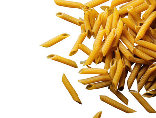 Close-up view of uncooked penne pasta scattered on a black background with detailed texture