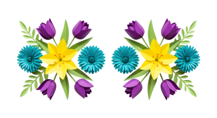 Symmetrical arrangement of vibrant purple tulips yellow daffodils and bright blue chrysanthemums on a stark black background
