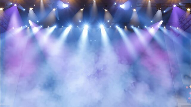 Misty stage draped in before spotlights, dramatic lighting building suspenseful mood colorful theatrical performance begins video 4k