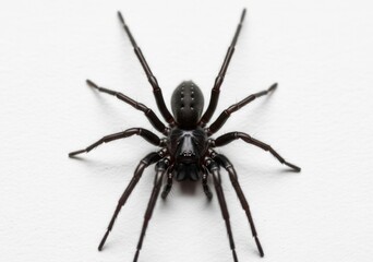 A Close-up of a Lone Black Spider Resting on the Blank Surface of a Pure White Wall. 