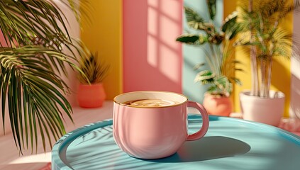 Pastel pink mug of coffee in sunlit room with plants