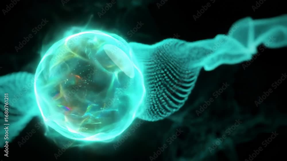 Poster pulsating abstract sphere with flowing wave formations against a dark background, representing energ