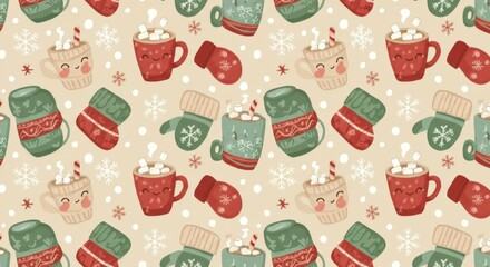 Festive Winter Pattern: Hot Cocoa Mittens Snowflakes.