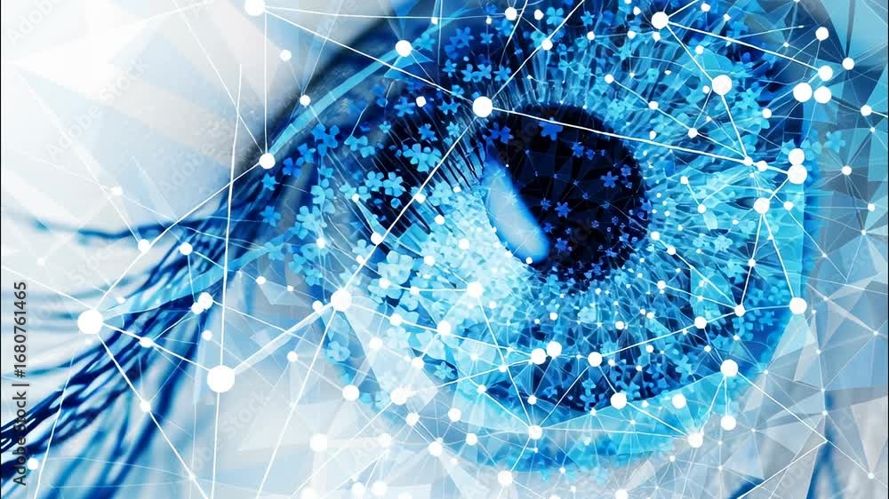 Poster close up of futuristic eye with the network data flow, representing concepts like vision of an futur