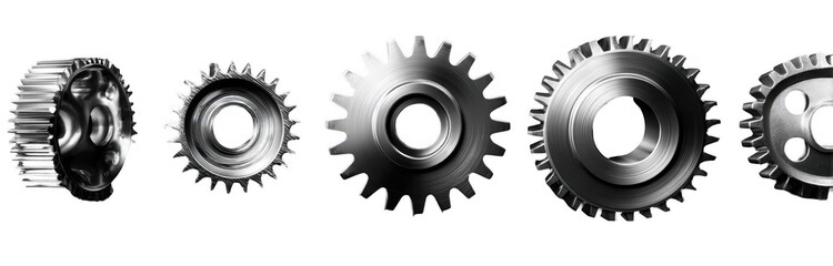 Close-up view of various metallic gears with different sizes and teeth on a white background