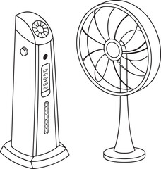 Electric Tower Fan and Pedestal Fan Outline Illustration, Cooling Appliance Line Art Design