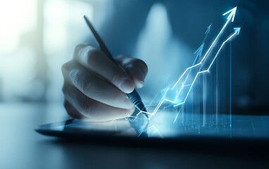 Person's hand draws rising blue graphs on a touch screen in dim light