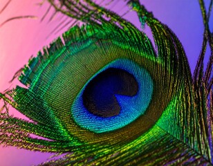 Obraz premium Close-up view of a peacock feather, showcasing intricate patterns of vibrant green, blue, and gold tones.