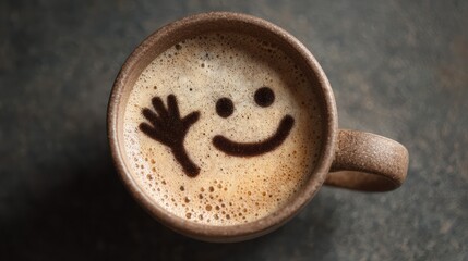 A cup of frothy coffee with a happy face and waving hand drawn in the foam