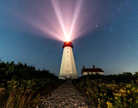 Nighttime lighthouse beams light across a starry sky