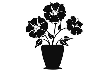 Black Silhouette of Flowers and Leaves in a Pot with White Background