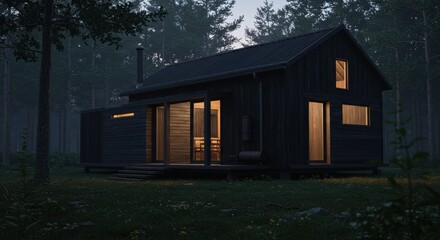Modern cabin in forest at dusk with warm lights illuminating rustic architecture and nature