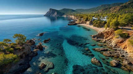 Fototapeta premium A breathtaking coastal vista showcases a vibrant turquoise bay nestled between dramatic cliffs and lush vegetation, bathed in the warm glow of a sunny day.