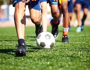 Obraz premium Players in motion during a soccer , focusing on the players' legs and feet as they maneuver the ball on a grassy field.