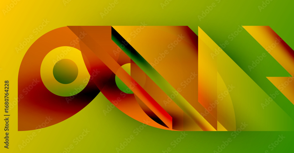 Poster abstract geometric composition. warm colors dominate, creating dynamic visual effect. shapes overlap