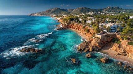 Fototapeta premium A breathtaking coastal view showcasing turquoise water lapping against a rocky shoreline, with a picturesque town nestled along the cliffs.