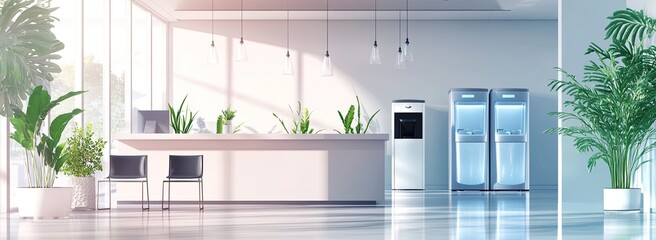 Modern office interior with water coolers and plants