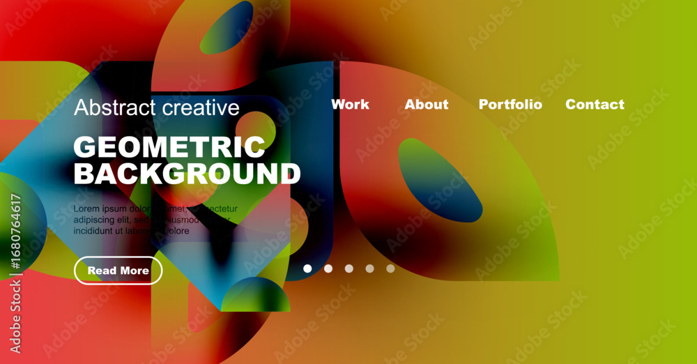 Poster vibrant abstract design. fluid shapes blend with text overlay, navigation menu present. modern aesth