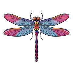 Colorful dragonfly illustration with mosaic effect. Stained glass art style insect. Decorative design element for nature and summer themes.