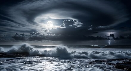 Obraz premium Stormy Night at Sea with Full Moon.