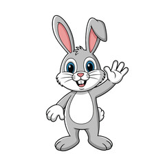 Friendly cartoon rabbit character waving a paw greets viewer cheerfully