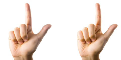 Two human hands pointing upward with index fingers isolated on a transparent background