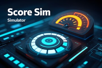 3D illustration of a digital dashboard with data simulation and performance monitoring, featuring glowing gauges and futuristic UI elements for financial analysis.