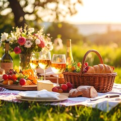Picnic with wine and cheese in a sunlit garden