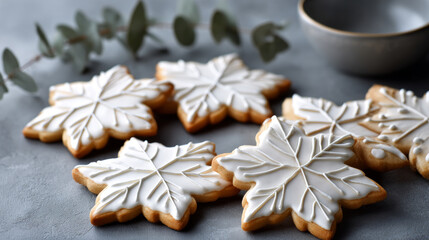 Few frosted sugar cookies on a matte surface, minimalistic elegance
