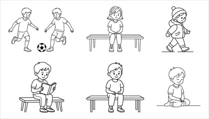 Kids Activity Vector, Children Playing Reading Sitting Outline Illustration, Boy Girl Character Line Art