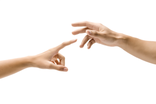 Two human hands reaching towards each other isolated on a transparent background