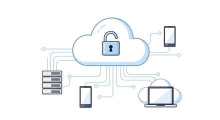 Cloud Security Data Network with Lock and Devices for Cybersecurity and Data Protection